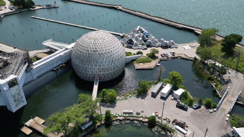 Photograph images of demolition equipment at a standstill at Ontario Place