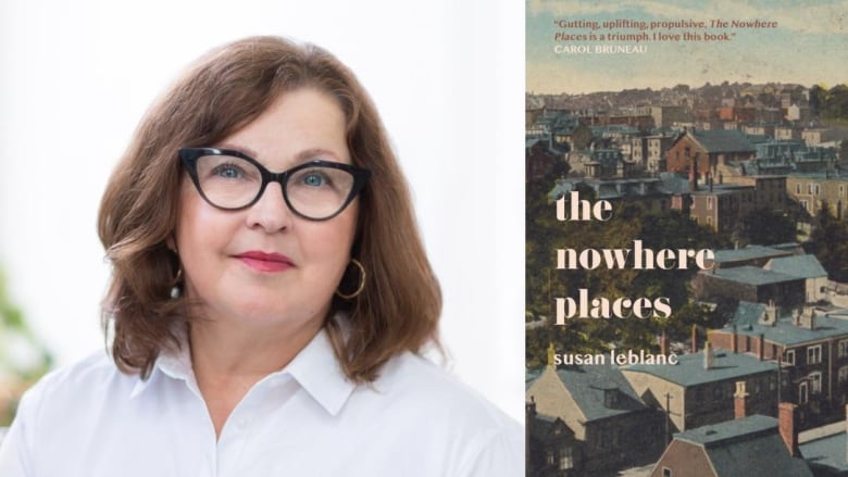 A white woman with a brown bob and glasses looks into the camera. A book cover shows a city from up high.