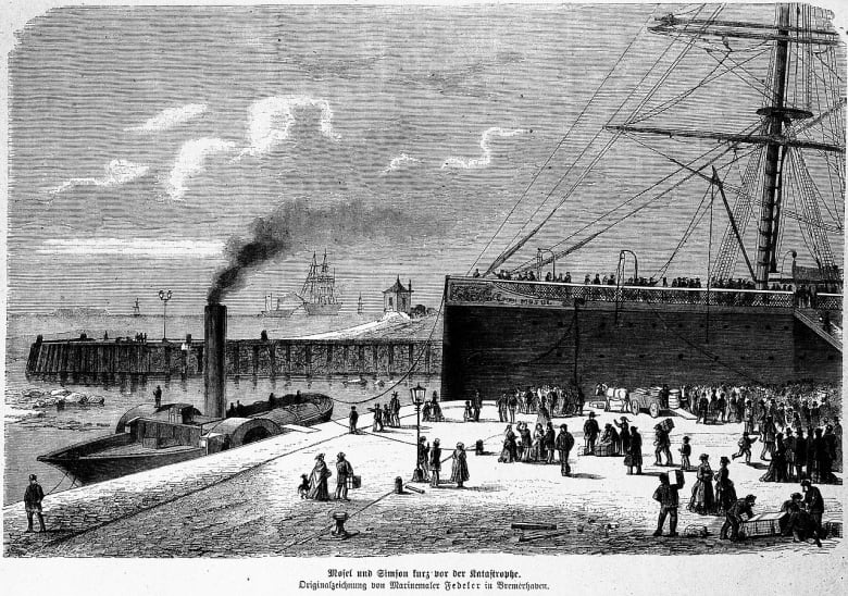 A black and white illustration of the Mosel on the dock in Bremerhaven shortly before the disaster.