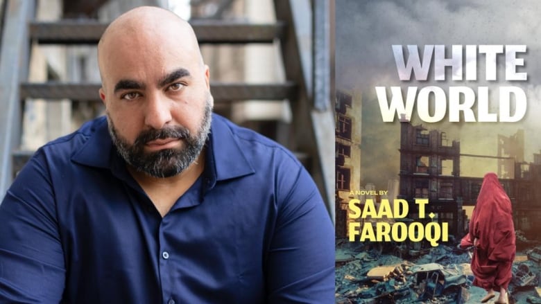 A bald man with a beard looks into the camera. A book cover shows a city in rubble and a figure in a red cloak. 