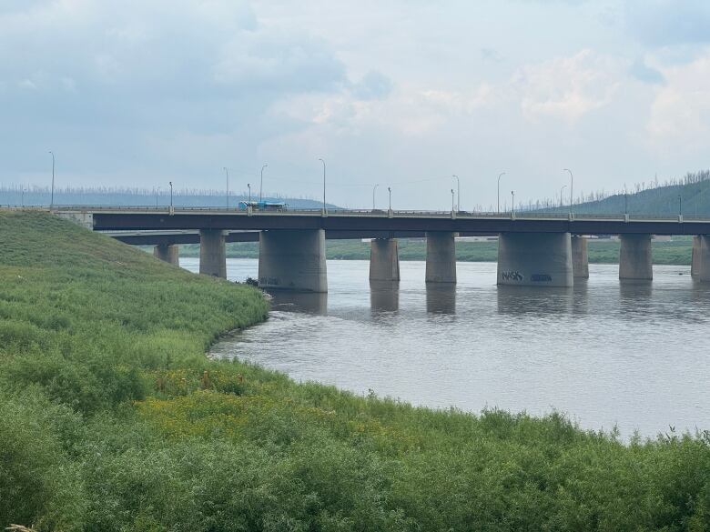 River, with left bank covered in lush grass. Concrete beach in the background. Cloudy sky. 