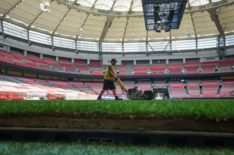 A worker cuts temporary grass that was laid on top of artificial turf at B.C. Place stadium.