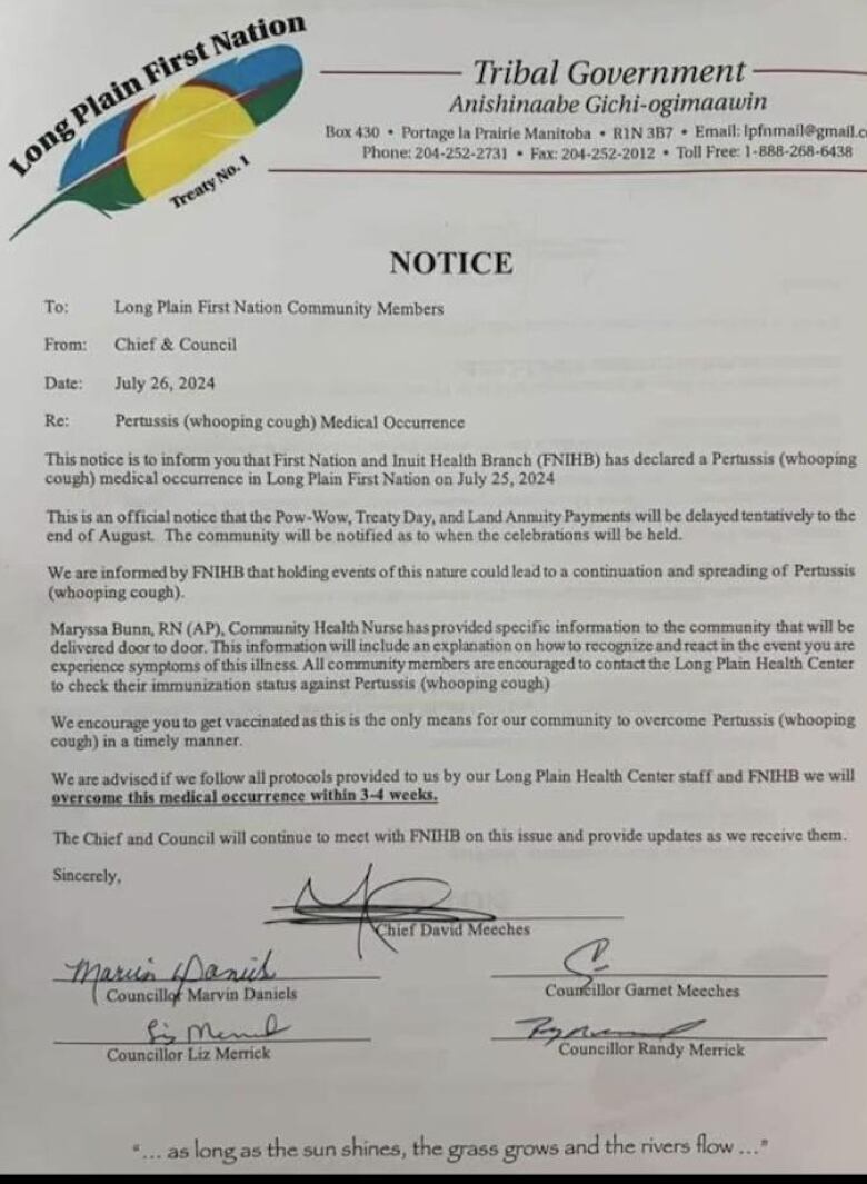 A letter warning people whooping cough is in Long Plain First Nation.