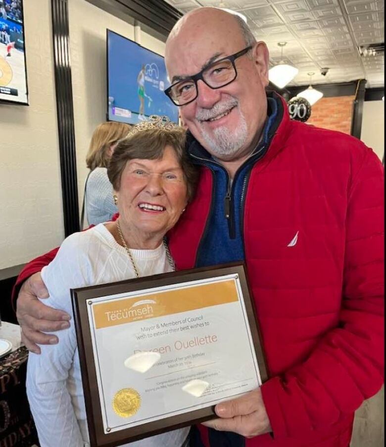 Doreen Ouellette poses with Tecumseh Mayor Gary McNamara on the occasion of her 90th birthday in March.