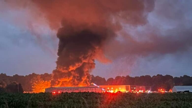 A heavy cloud of smoke, lit by orange flames, comes out of a building. 