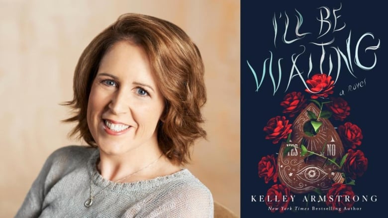 A white woman with light brown hair smiles into the camera. A book cover shows a Ouija board surrounded by roses. 