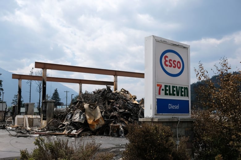 A sign in front of a destroyed gas station.