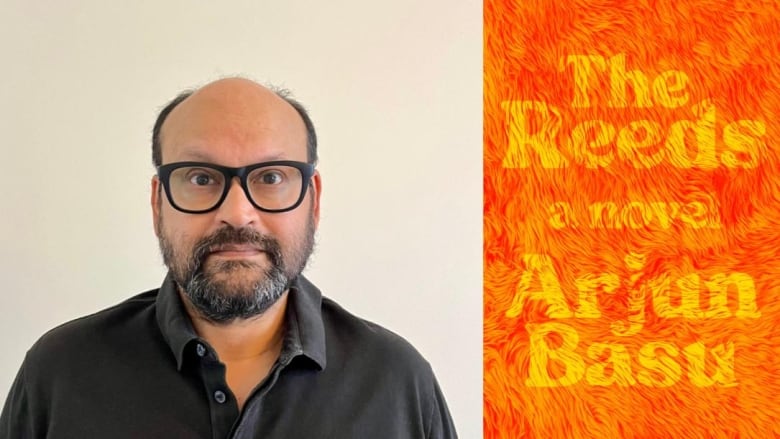 A bald man with a black beard and glasses looks in the camera. A book cover covered in orange fur. 