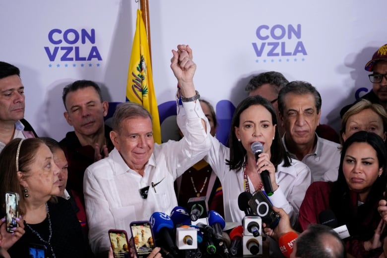 A man and woman hold hands and rise them in victory in front of microphones 