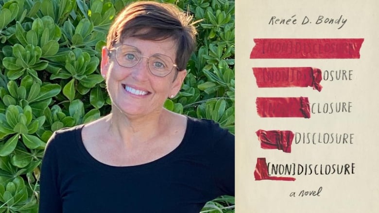 A white woman with short brown hair and glasses smiles at the camera. A book cover shows the word '[non]disclosure' five times with red tape covering less and less of the word each time.