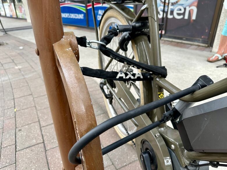 A close-up of bike locks.