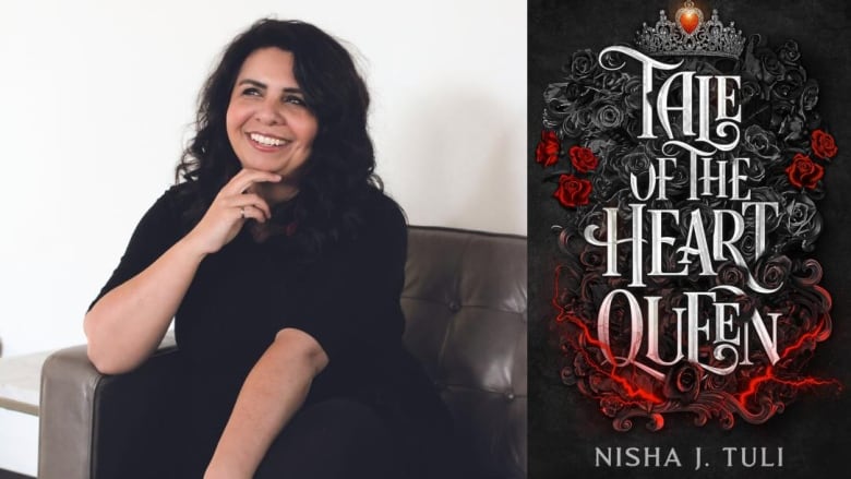 A woman with long dark hair sits on a couch looking to the left. A book cover shows iron roses on fire with a crown above them.