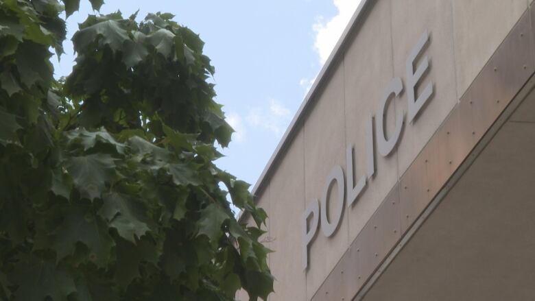 Windsor police headquarters building from the street level, looking up and seeing a blue sky and green tree.