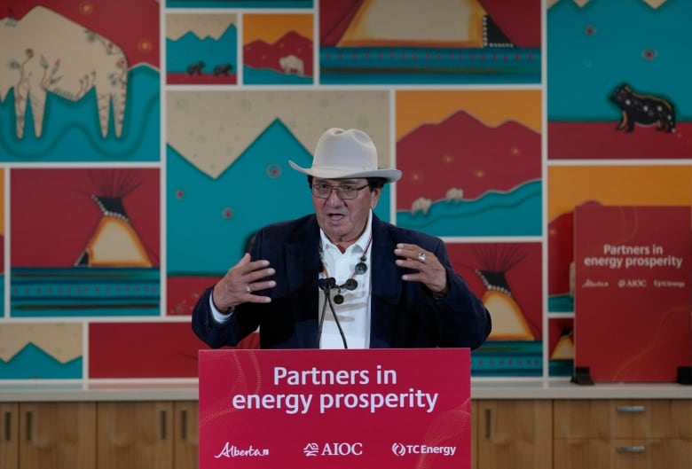 Roy Fox addresses an audience from a podium that reads partners in energy prosperity. He is wearing a cowboy-style hat, a dress shirt and a jacket. 