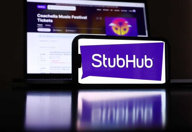 The purple StubHub logo is displayed on a small phone screen.