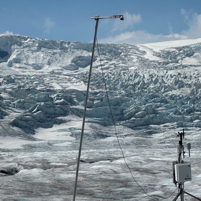 The Athabasca Glacier on July 16, 2024, with a darkened surface that's speeding up its melt by absorbing more heat.