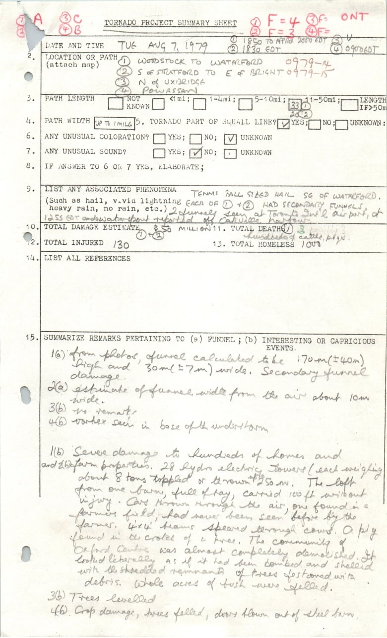 A page from Michael Newark's archives detailing the August 1979 tornado that hit Woodstock and Waterford, Ont.