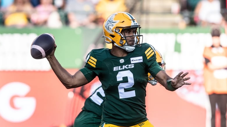 Edmonton Elks quarterback Tre Ford (2) makes the throw against the Hamilton Tiger-Cats during second half CFL action in Edmonton, Sunday, July 28, 2024. 