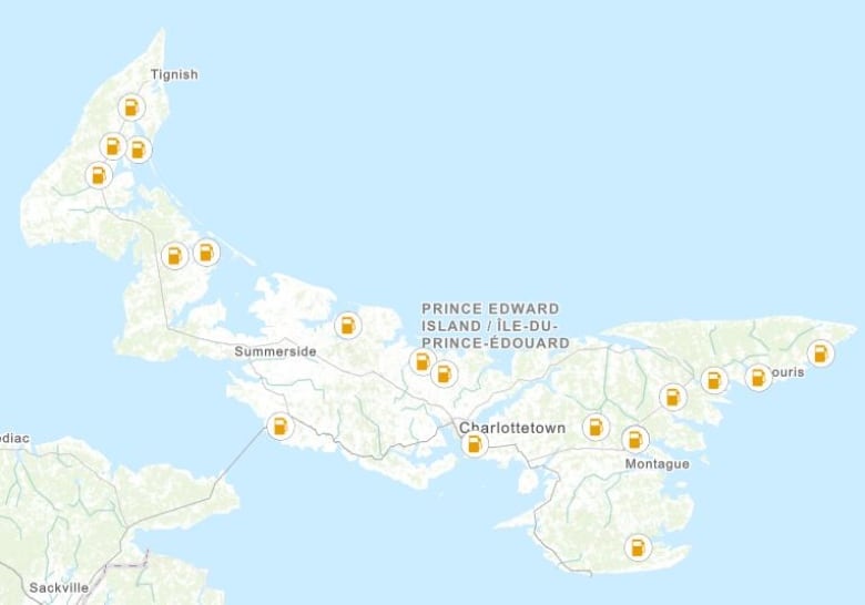 A map of P.E.I., showing which gas stations will be open during an outage.