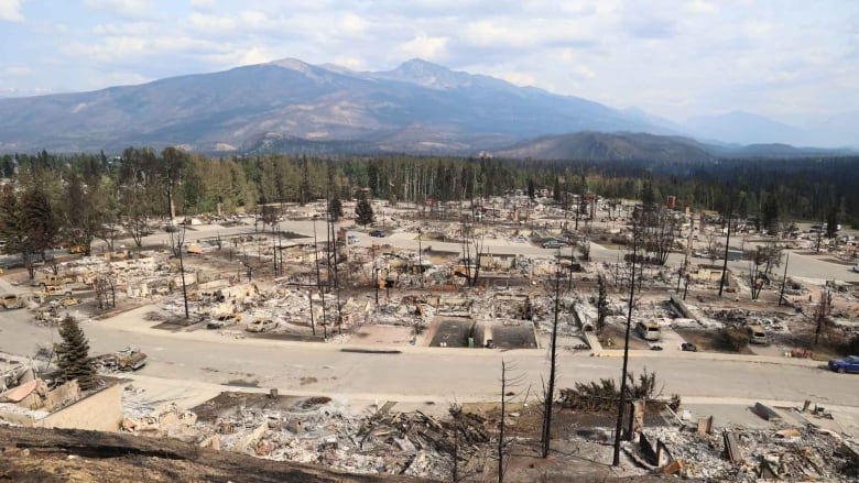 The ruins of houses in a suburban area, and charred trees line the foreground. A mountain landscape and trees line the background. 