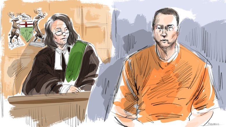 A court sketch of a man and a judge.