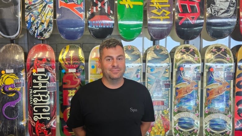 Man in front of skateboards