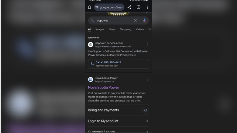 A screenshot of Google search results for Nova Scotia Power with a sponsored link as the first result.