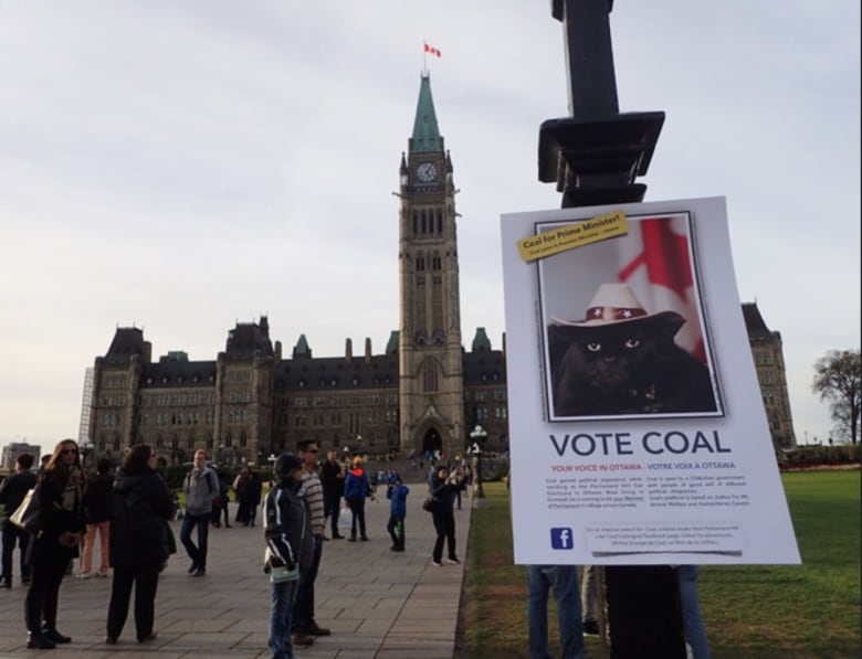 A sign hanging outside of Parliament pitches a cat named Coal for prime minister.