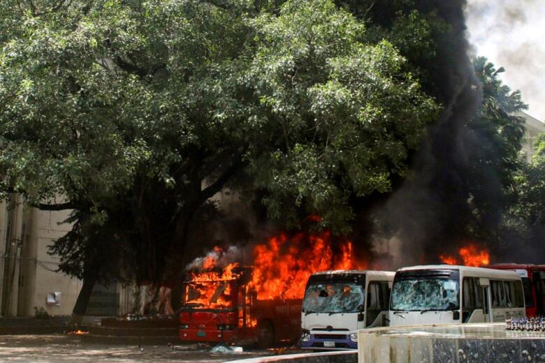 Flames rise from buses that were set on fire. 