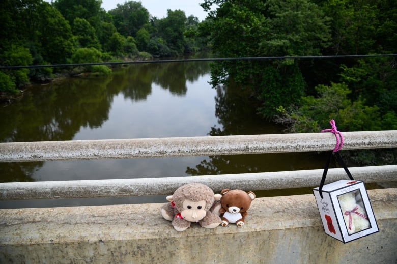 Stuffed animals sit on the concrete railing of the Adelaide Street bridge in London, Ont., on Aug 4, 2024, overlooking a stretch of the Thames River where seven-year-old Anna Bielli went missing after she entered the water.