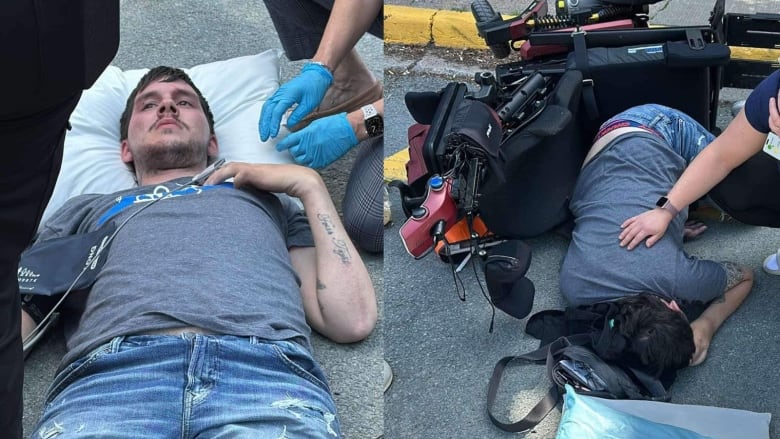 Two photos side by side. One shows a man laying on the pavement with a pillow under his head. The other is a similar view, but with a tipped over wheelchair.