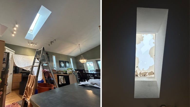 two images. one shows buckets and towels set up in the kitchen under a broken skylight. the other shows a broken skylight.