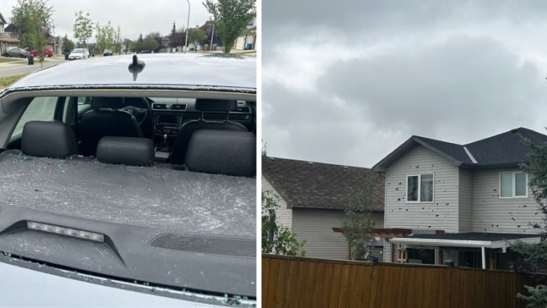 A broken car window is pictured on the left and a house with damage siding is shown on the right.