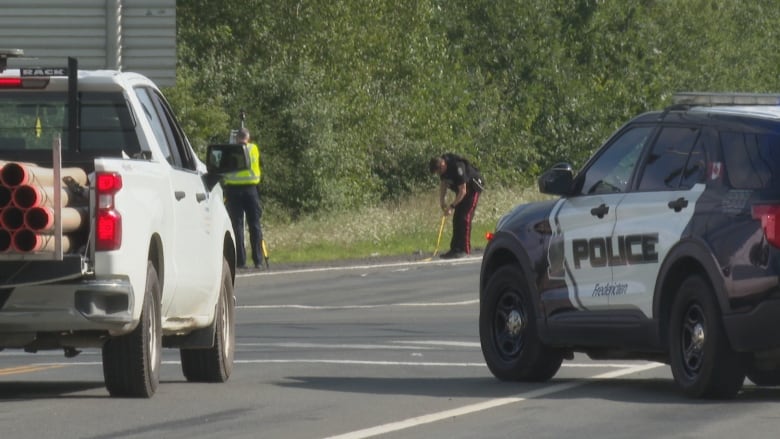 Police investigate the scene of a motor vehicle accident at the intersection of Greenwood Drive and Route 8 on Fredericton's north side.