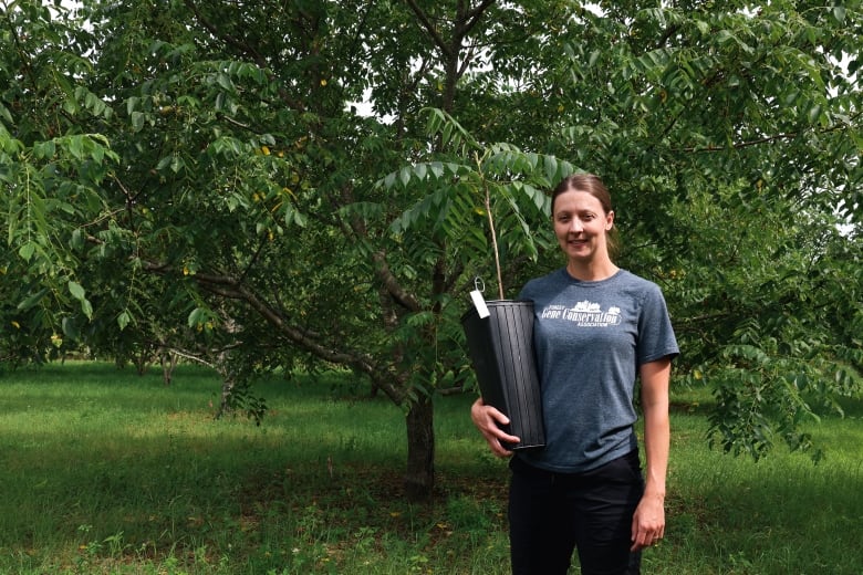 Woman stands holding smaller tree seedling in front of larger tree