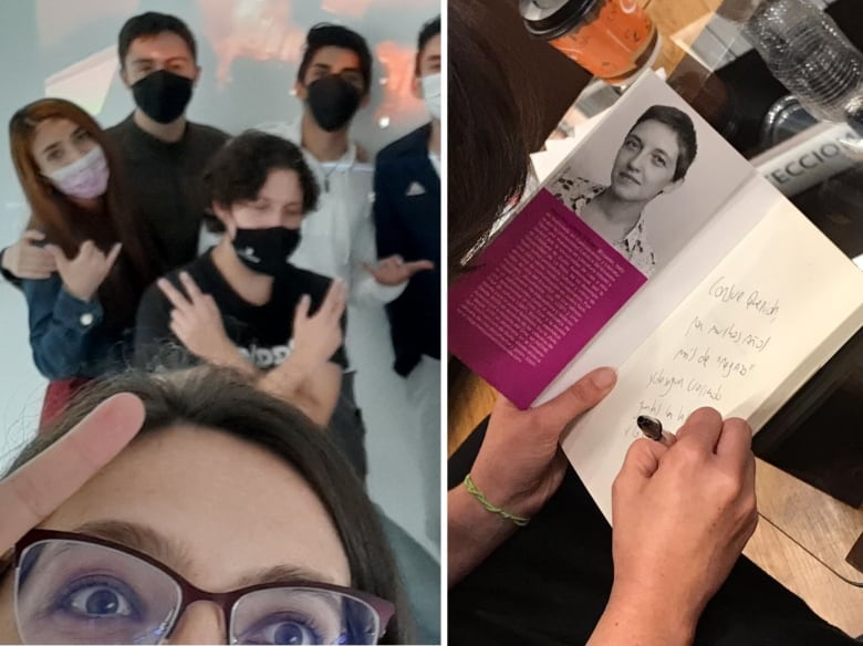 Two photos. One of a woman in the foreground with several young adults behind her, and the second of a hand autographing a book. 