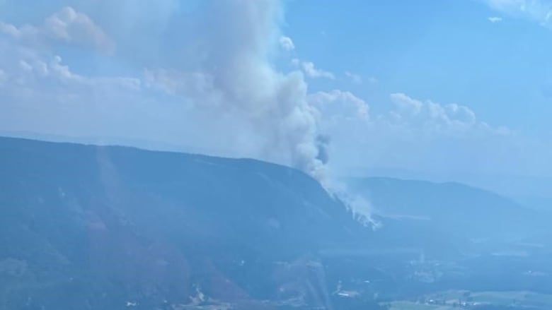 A mountain skyline with wildfire smoke heading into the air. 