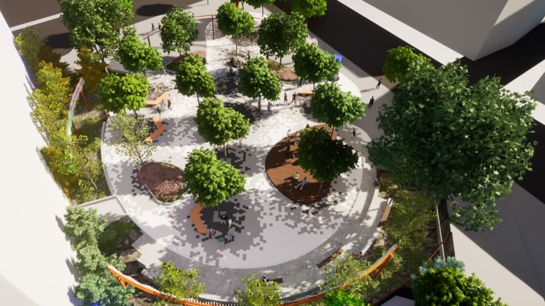 An architectural three-dimensional rendering shows a park with trees and garden plots. 