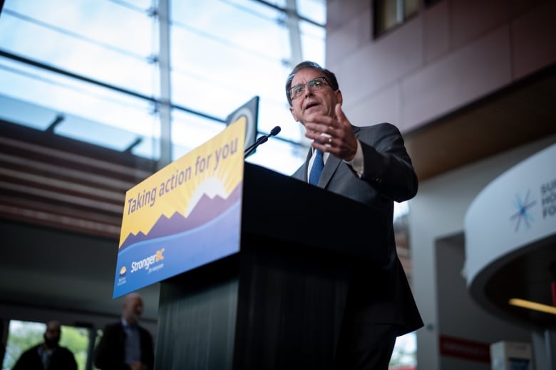 A man in suit speaking from a podium.