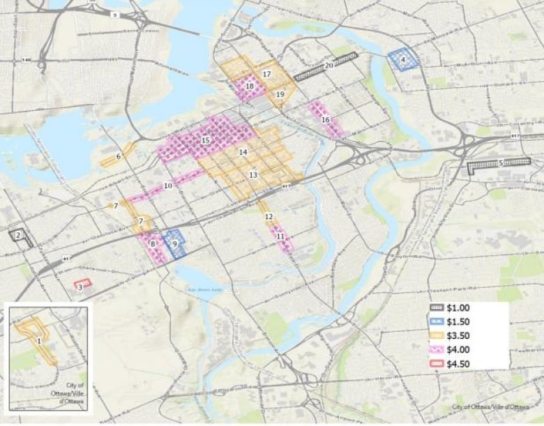 A city map with certain sections marked out with different colours.