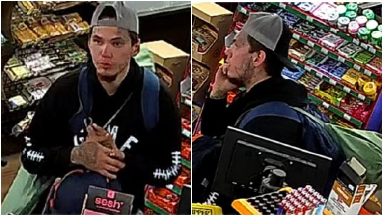 Two side-bu-side images from a convenience store security camera of a man wearing a backwards hat. 