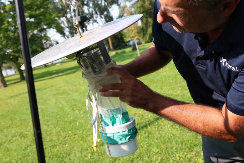 man holds mosquito trap