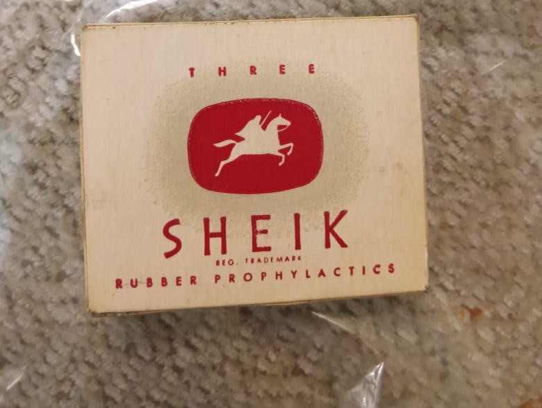 The outside of a package of three Sheik condoms found hidden in the rafters of a basement in London's Old North neighbourhood. Based on information on the American Museum of Natural History, the condoms date from the 1930s to 1950s. 