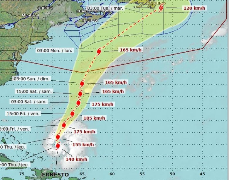 A map showing the forecast track of Hurricane Ernesto.