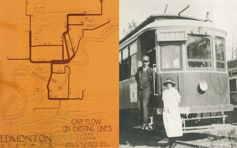 An orange map on the left and black and white photograph of a rail car.