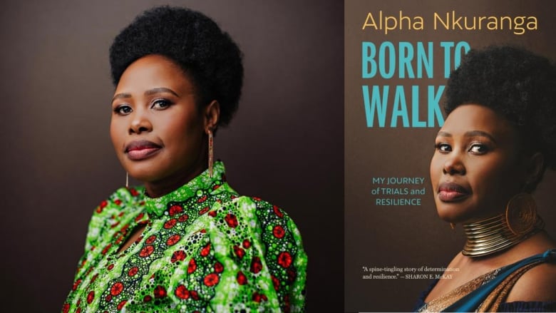 A Black woman with a black afro looks into the camera. A book cover shows the same woman wearing a thick necklace. 