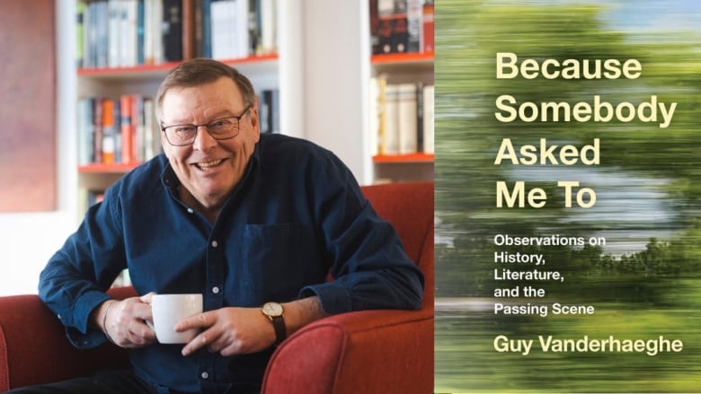 A white man with short brown hair and glasses sits in an armchair holding a mug. A book cover shows the countryside speeding by. 