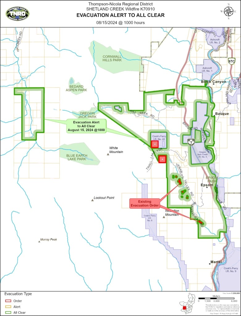 A map showing green area which means all clear. There are some small pockets of red which mean they are still under an evacuation order.