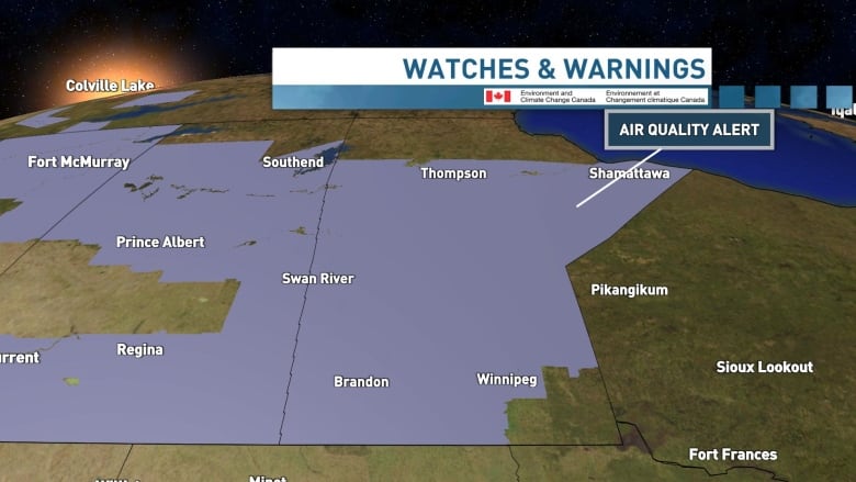 A map shows nearly all of Manitoba under an advisory.