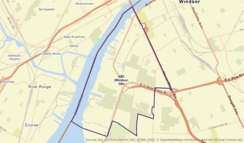 A map showing Sandwich and extending slightly to the south to encompass Ojibway and the industrial area